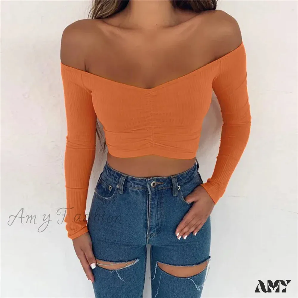 AMY FASHION - Sexy Club Fashion Off Shoulder Solid Color Autumn Crop Top