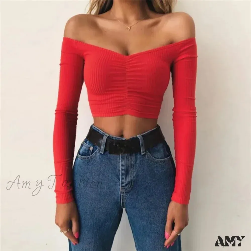 AMY FASHION - Sexy Club Fashion Off Shoulder Solid Color Autumn Crop Top