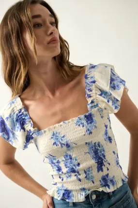 Azure Petals Smocked Floral Ruffle-Sleeve Top