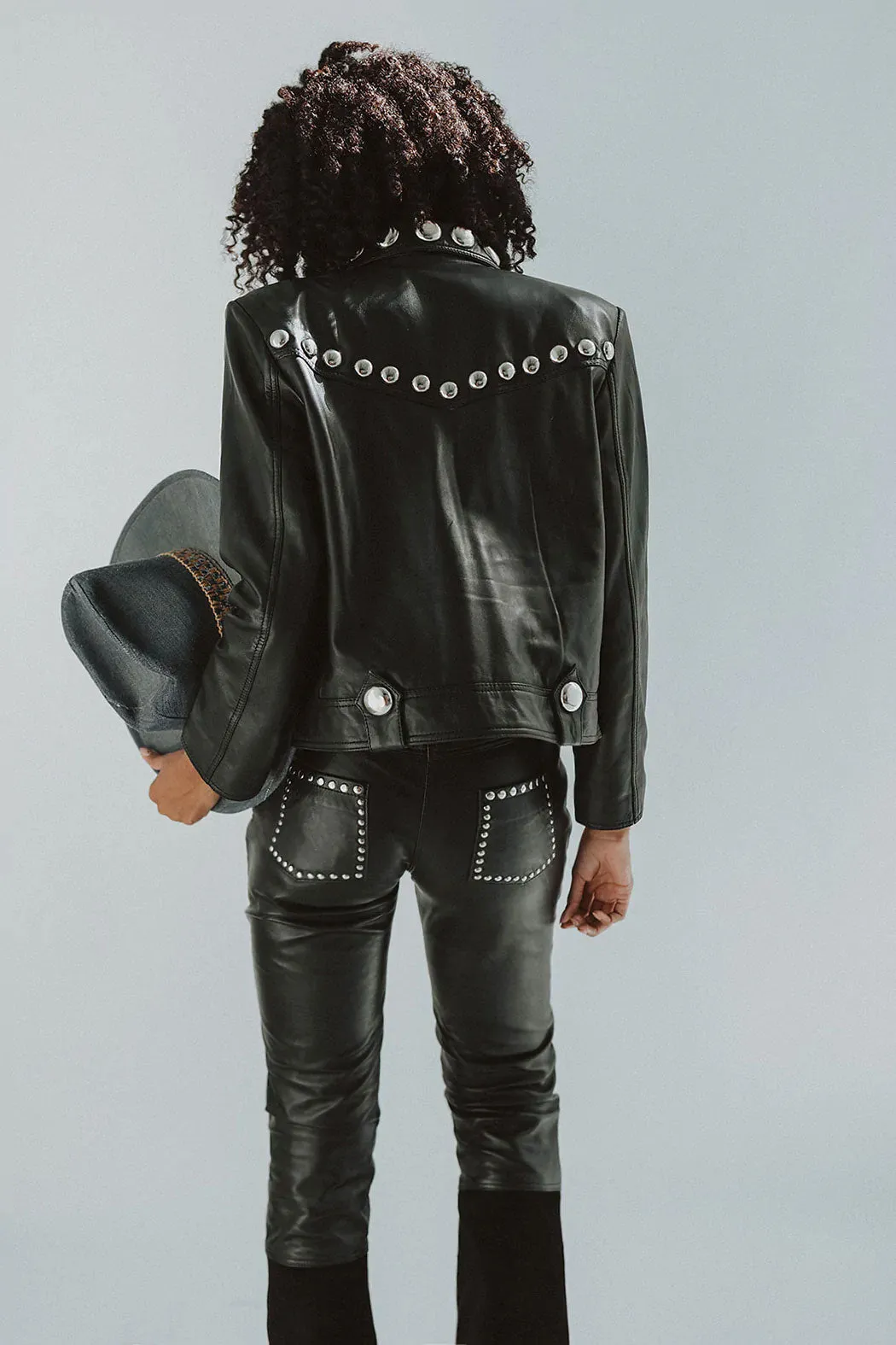 Black Women Punk Silver Spiked Studded Biker Leather Jacket