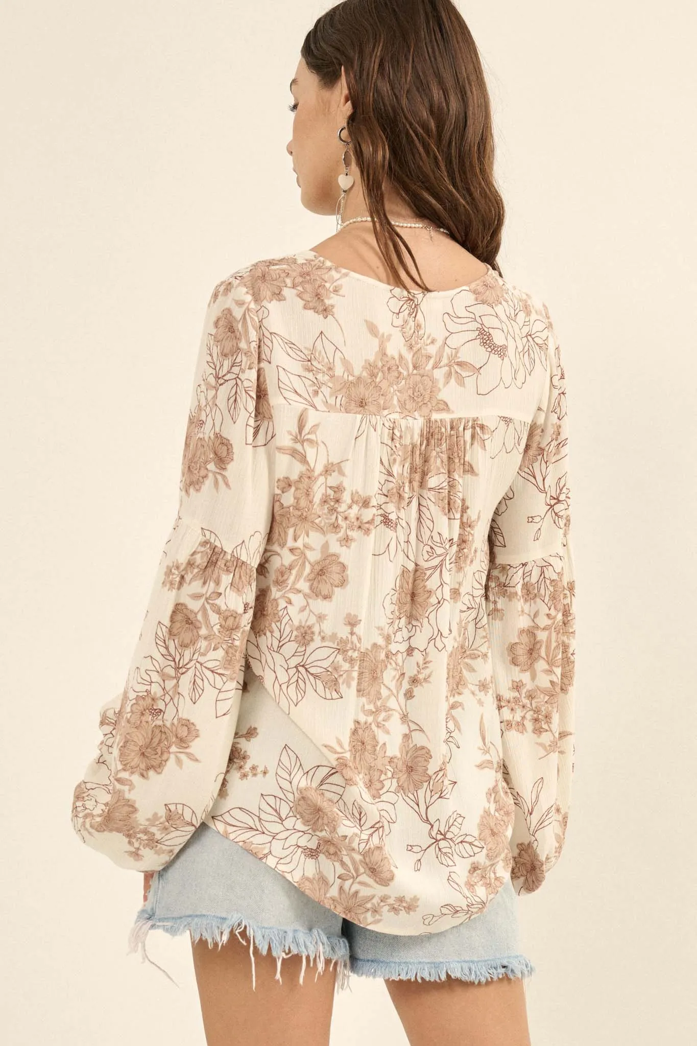 Blooming Heart Floral Lace-Up Peasant Top