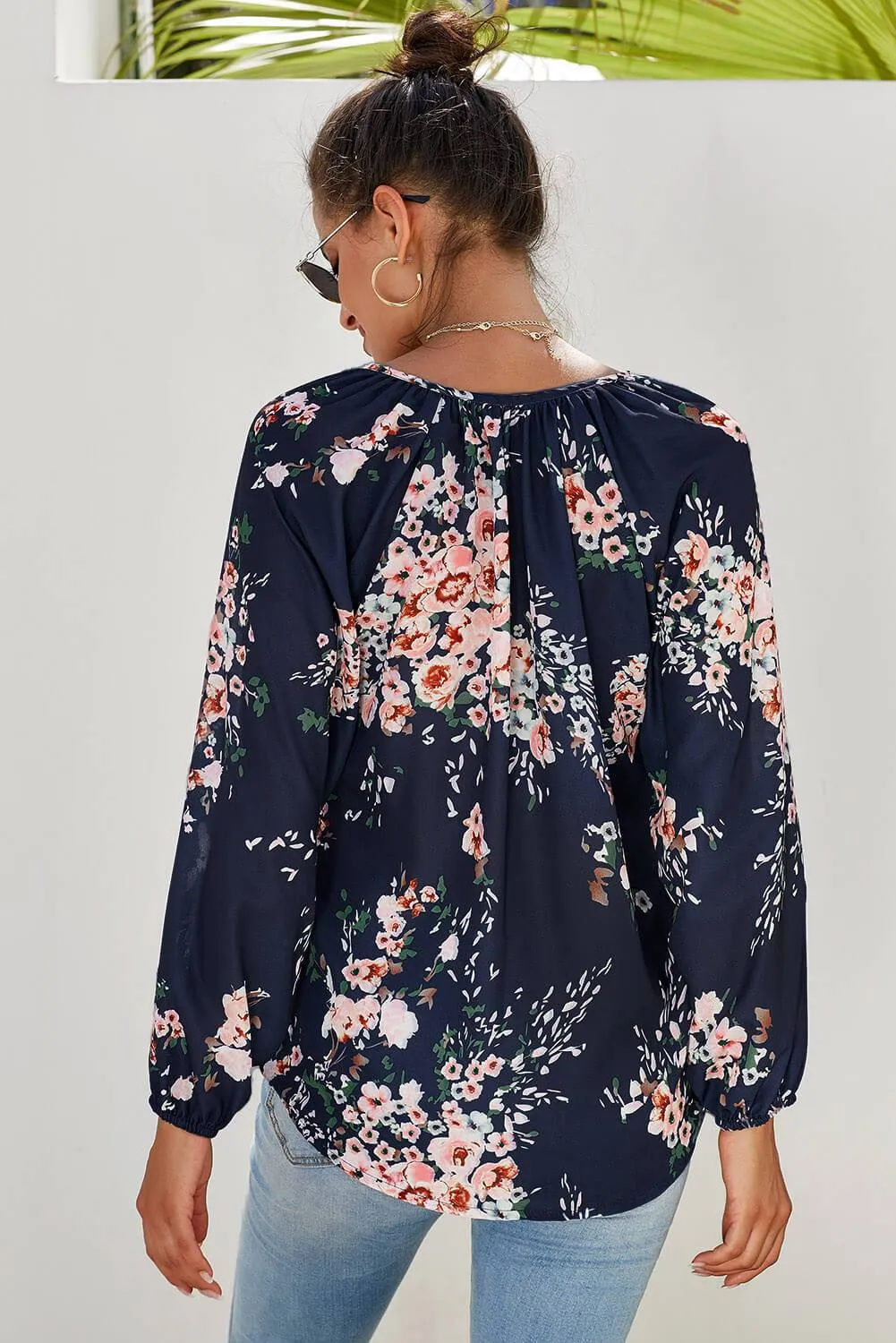 Blue Floral Print Peasant Long Sleeve Blouse