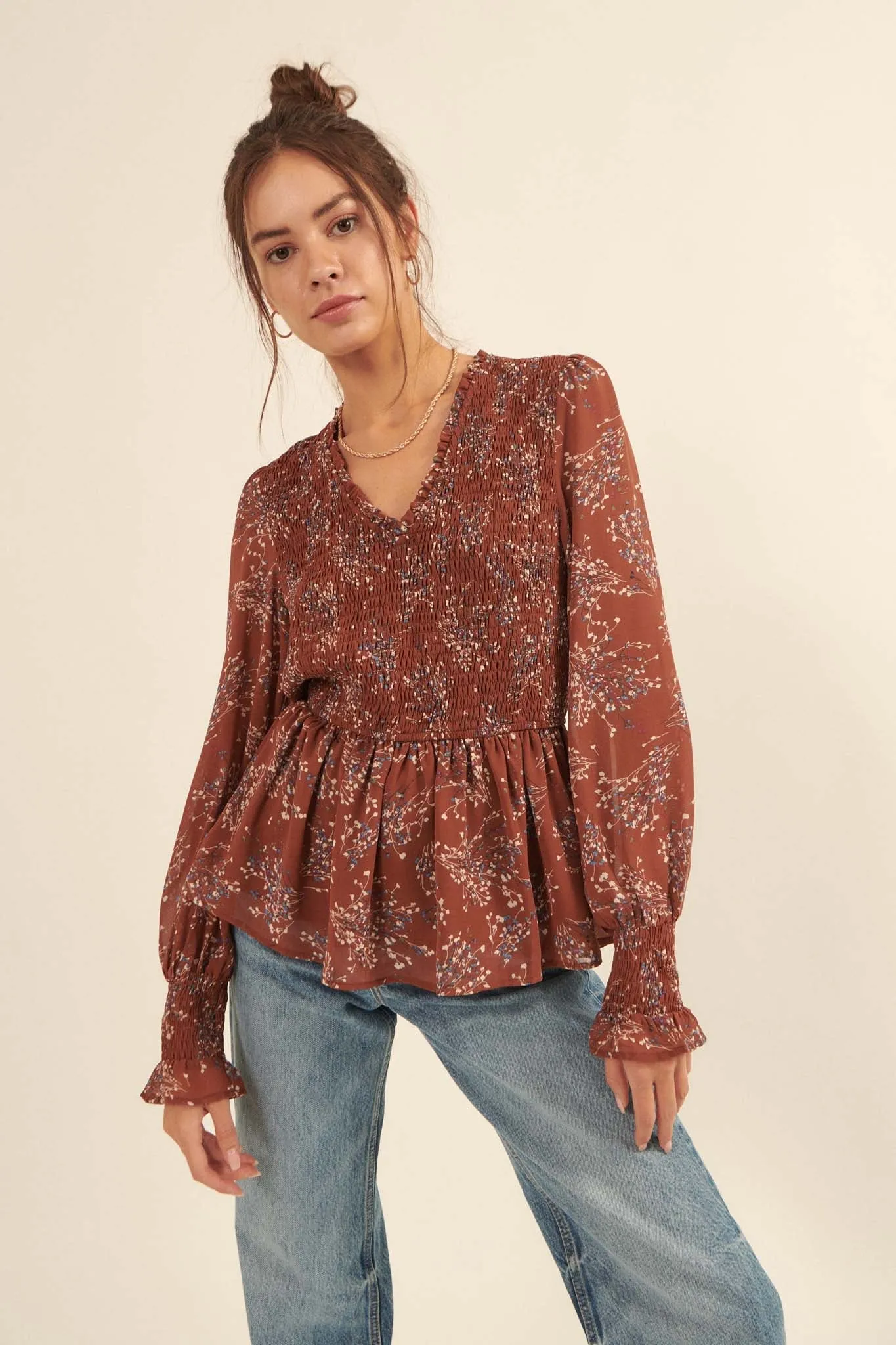 Budding Joy Smocked Floral Peasant Top