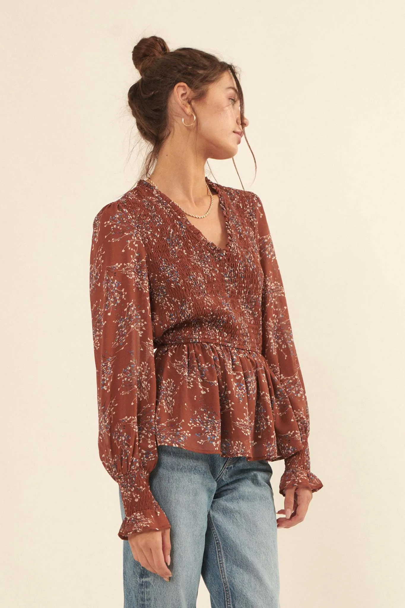 Budding Joy Smocked Floral Peasant Top