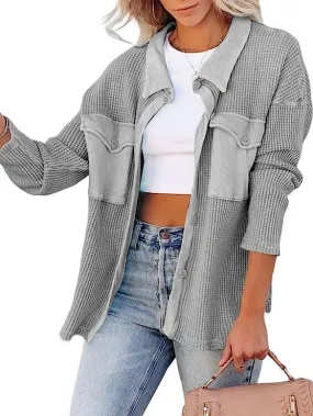 Casual Dolman Sleeve Jacket Waffle Knit Pocket Shirt Wholesale Womens Clothing N3823100900019