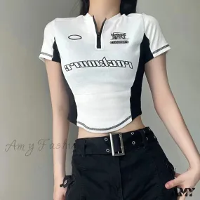 Casual Stitched Zipper Y2k Aesthetic Knitted Short Sleeve Letter Print Harajuku Crop Top