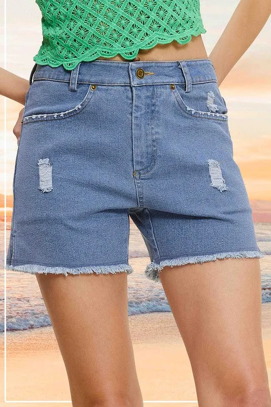 CASUAL WASHED STYLE DENIM SHORTS WITH POCKETS