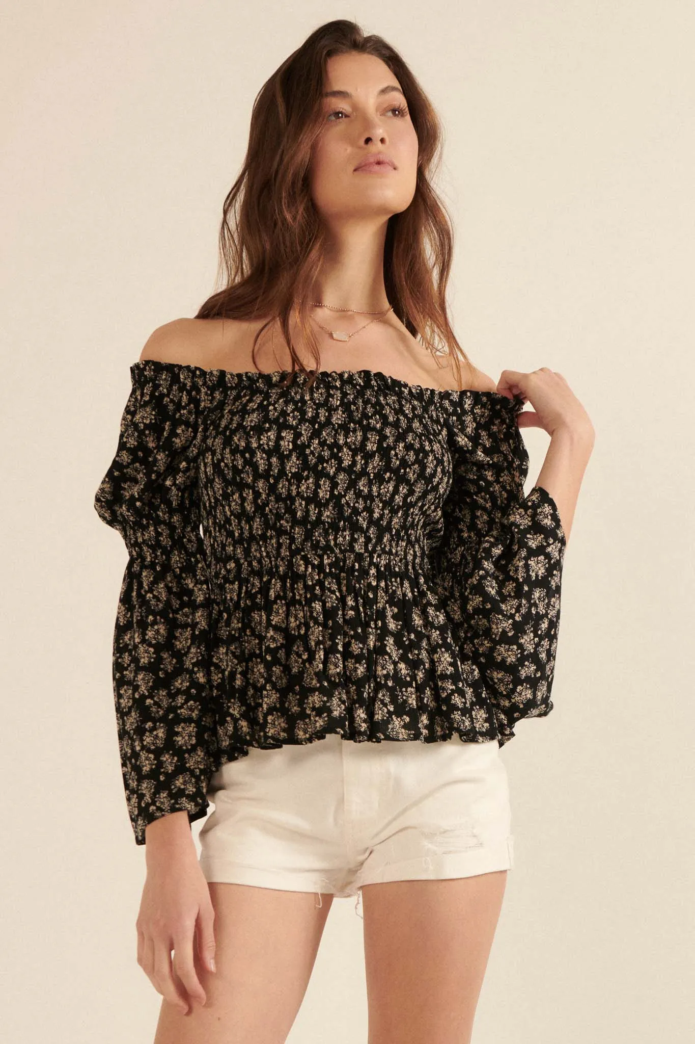 Country Orchard Smocked Floral Off-Shoulder Top