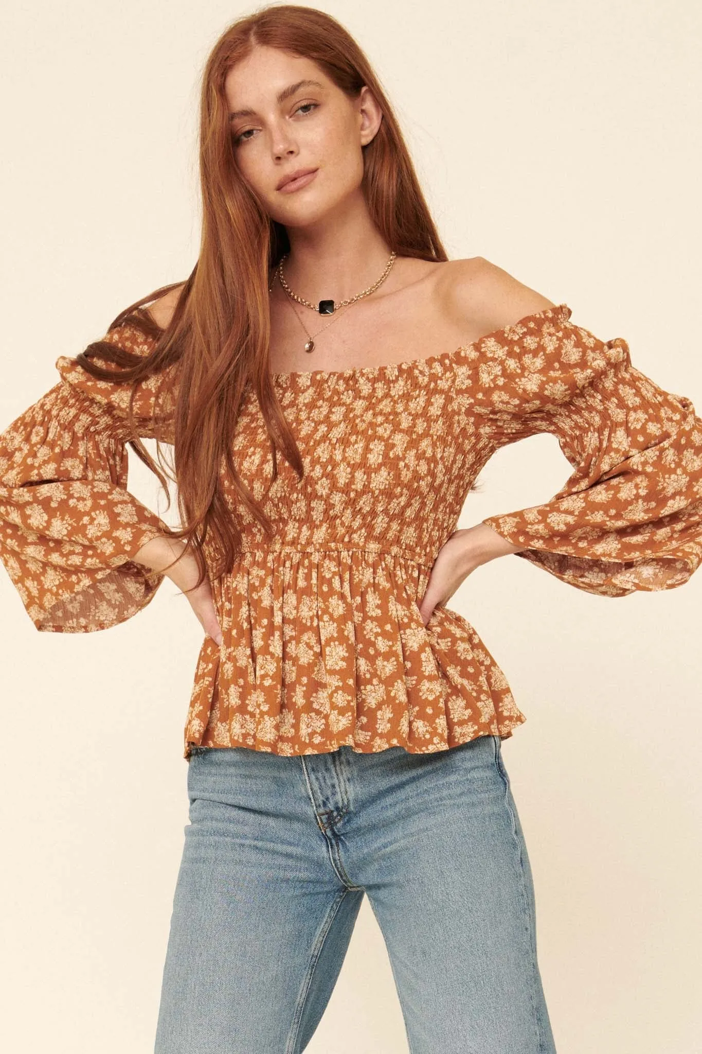 Country Orchard Smocked Floral Off-Shoulder Top