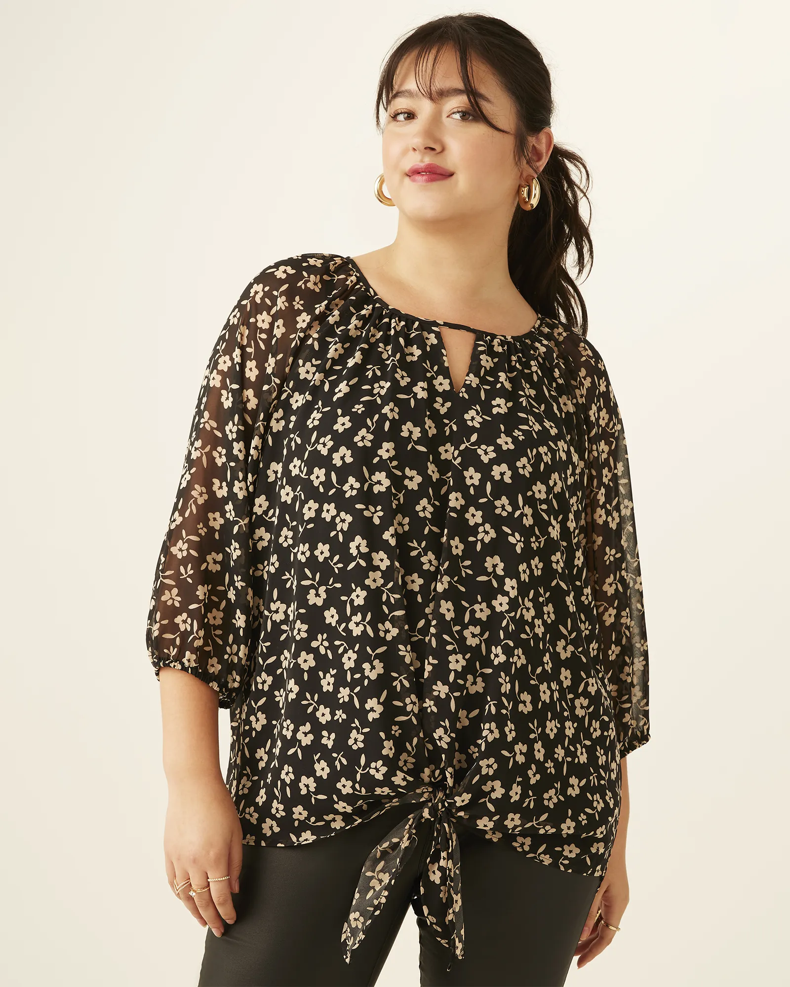 Delilah Printed Peasant Top | Black / Taupe