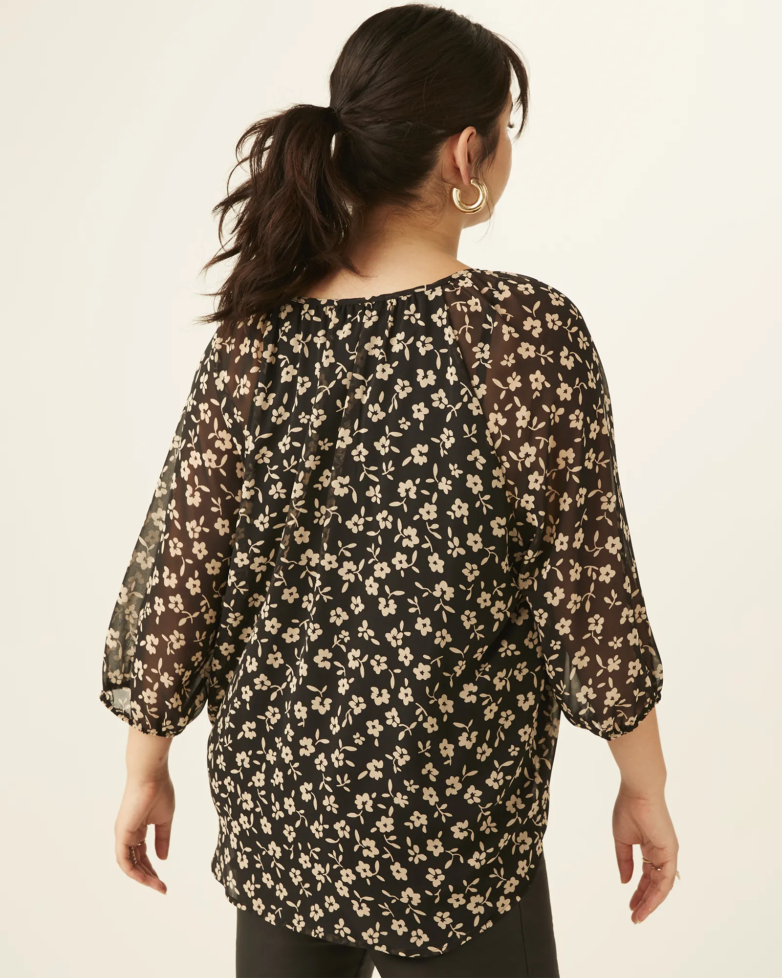 Delilah Printed Peasant Top | Black / Taupe