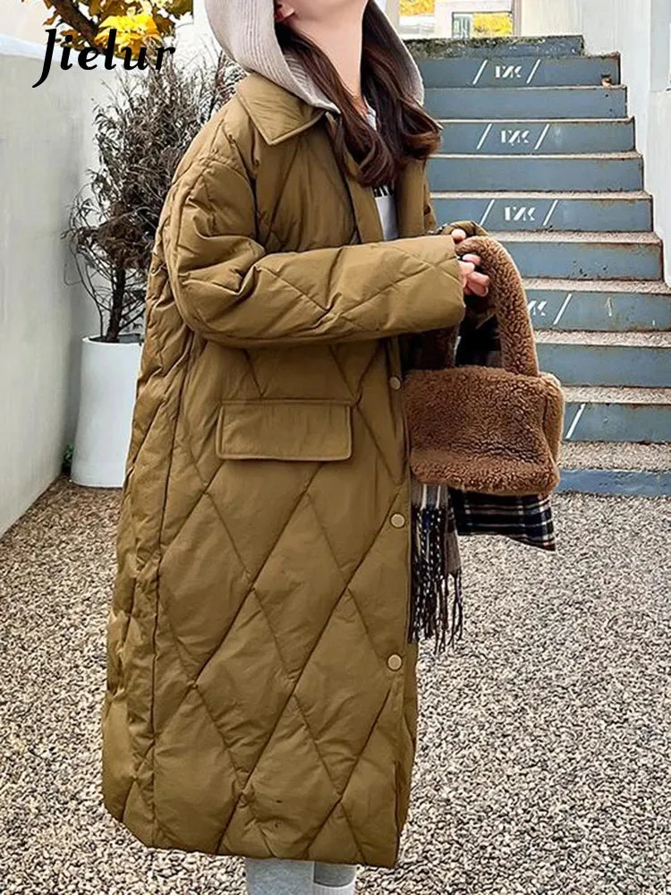 Diamond Plaid Cotton Padded Jacket for Women White Parkas New Detachable Knitted Hat Knee Length Coffee Pink Coat S-L