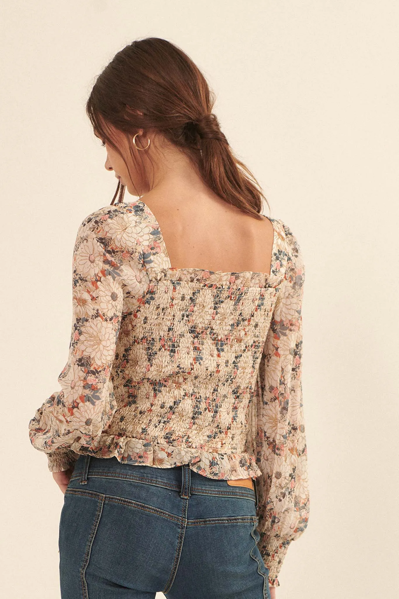 Embraceable You Smocked Floral Peasant Top