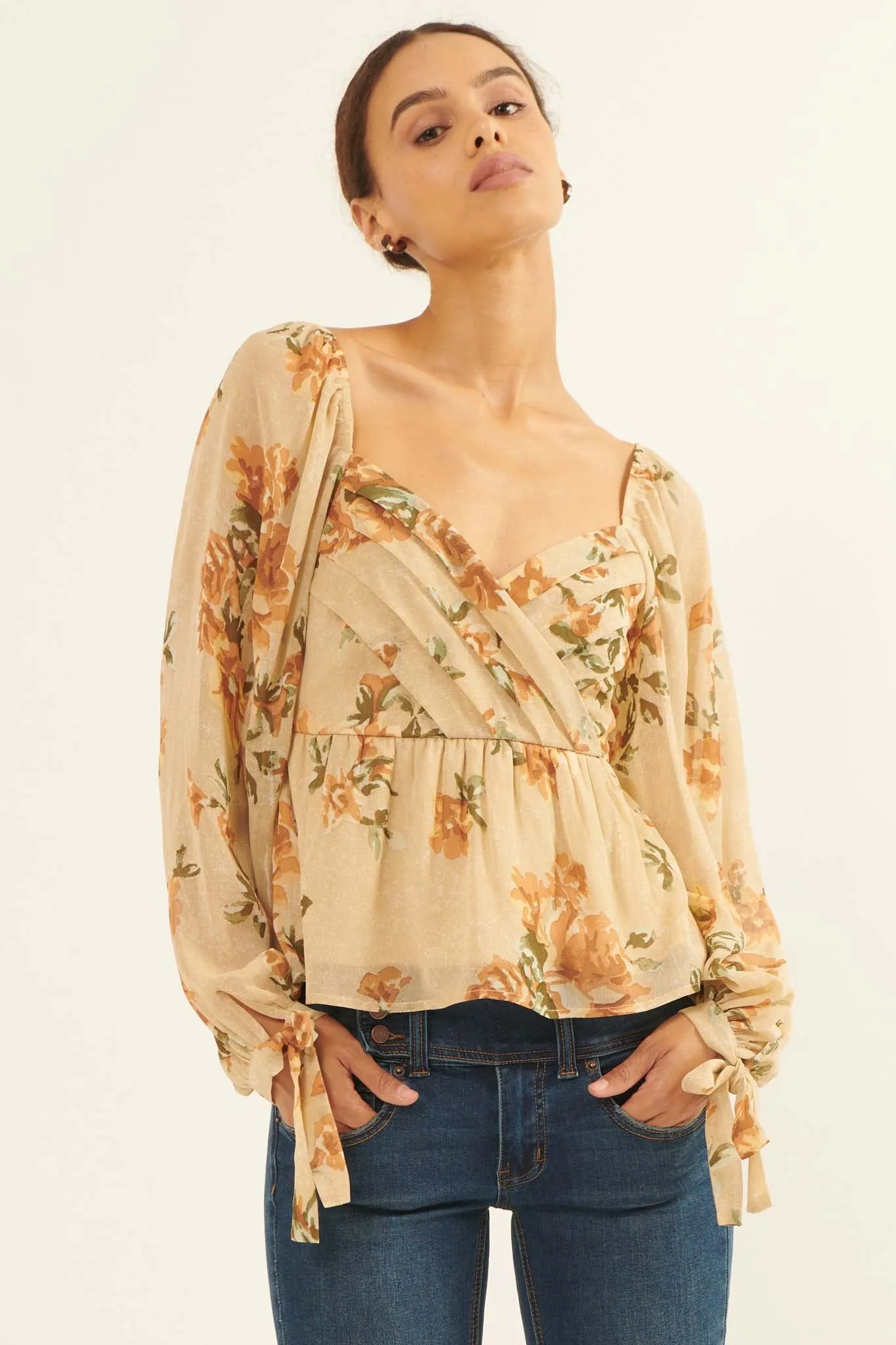 Enchanted Garden Floral Chiffon Peasant Top