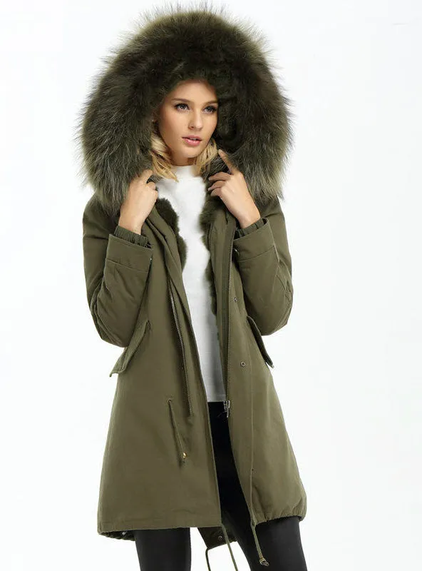 Fashion Jacket Parka Fur Hood and Rabbit Fur Inside