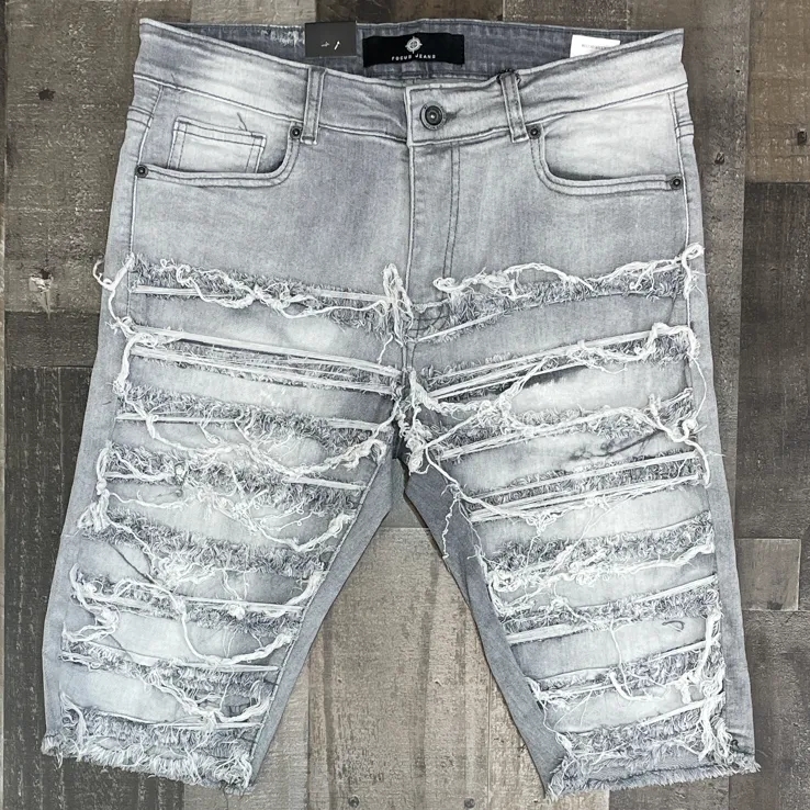 Focus- ripped shreded denim shorts (light grey)