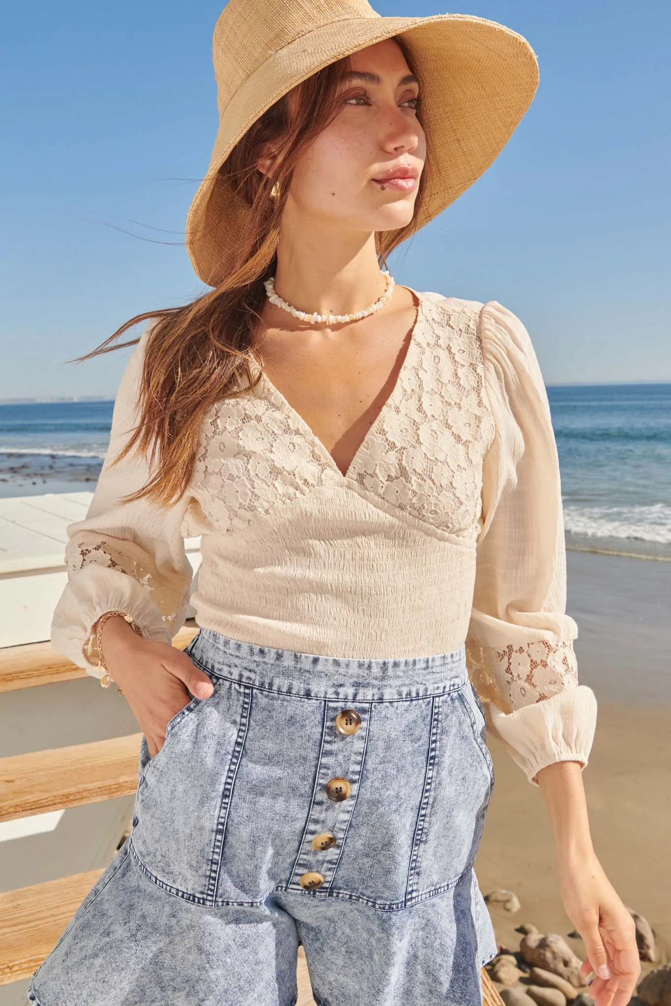 Fresh Air Smocked Floral Lace Peasant Top