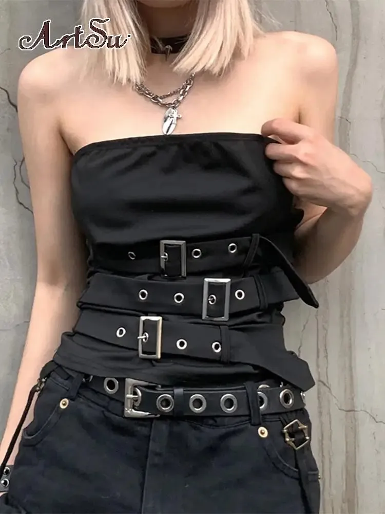 Gothic Design Eyelet Black Punk Bandage Crop Sleeveless Top