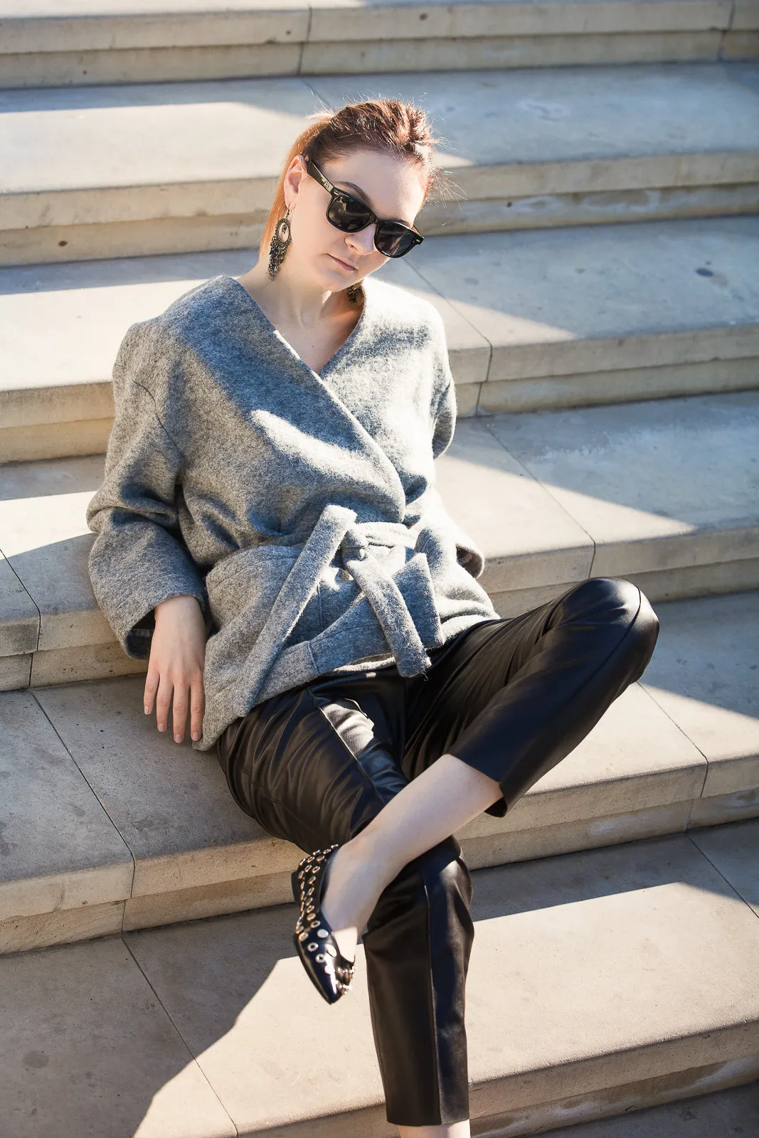 GREY WOOL WRAP BELTED JACKET