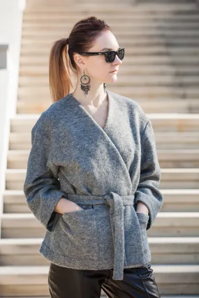 GREY WOOL WRAP BELTED JACKET