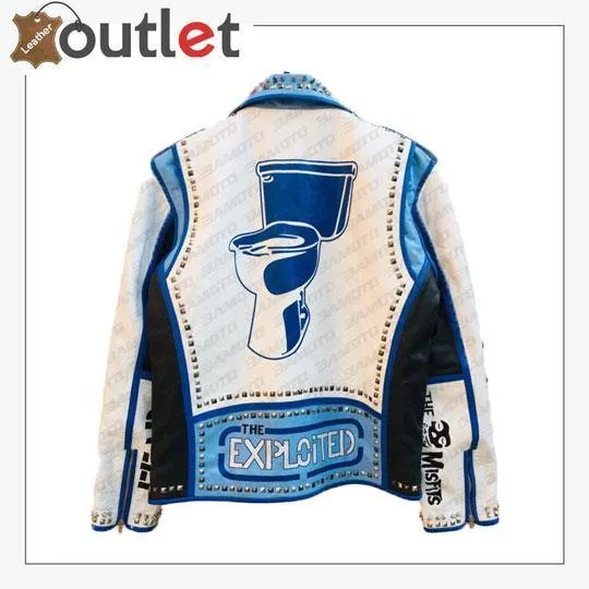 Handmade Mens Fashion Studded Punk Style blue and white Leather Jacket