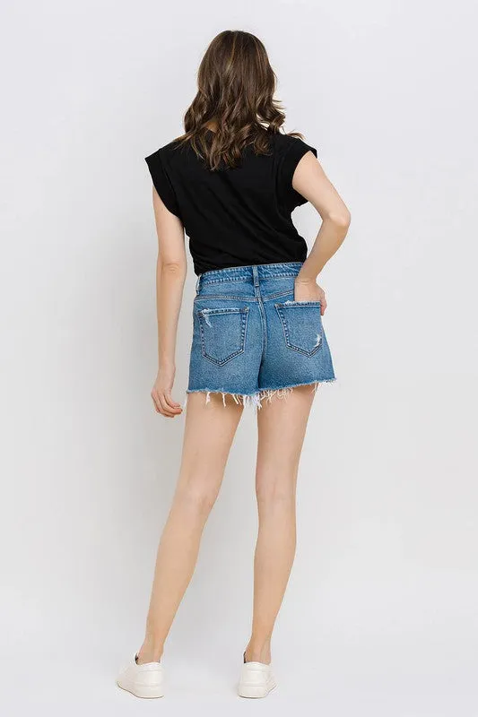 High Rise Distressed Hem A-Line Shorts