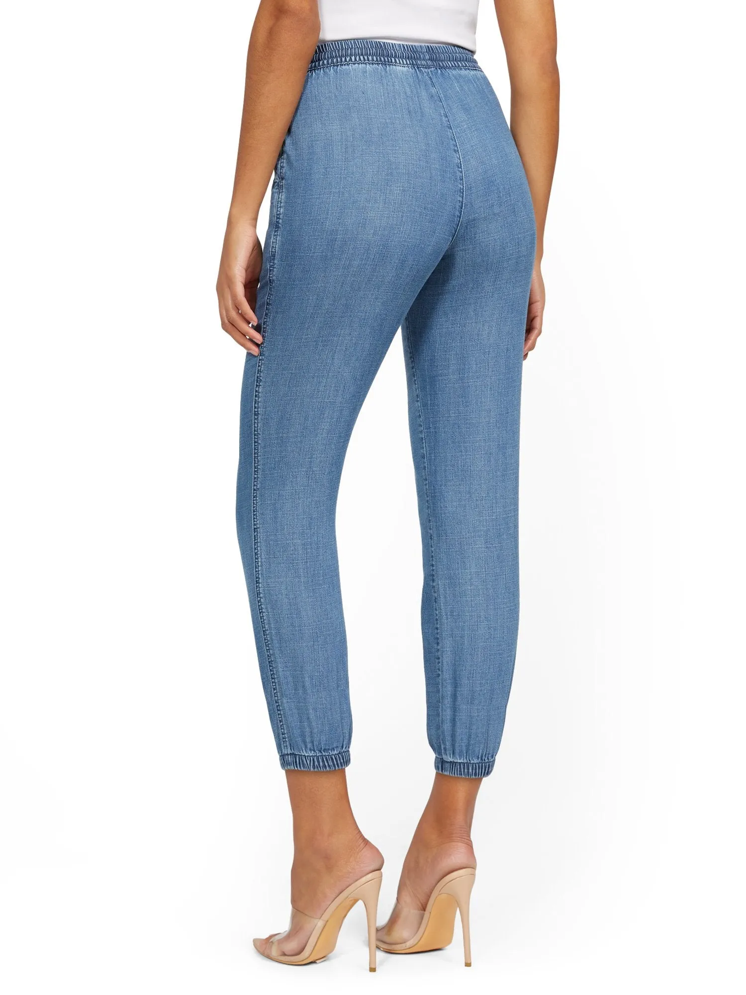 High-Waisted Denim Drawstring Jogger Pant - Medium Wash