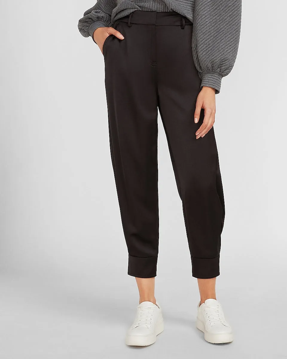 High Waisted Satin Cuffed Jogger Pant in Pitch Black