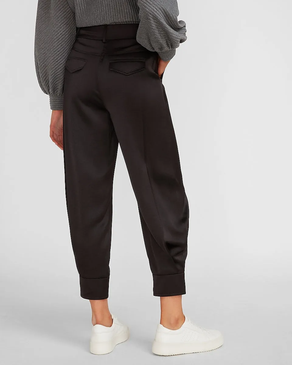 High Waisted Satin Cuffed Jogger Pant in Pitch Black