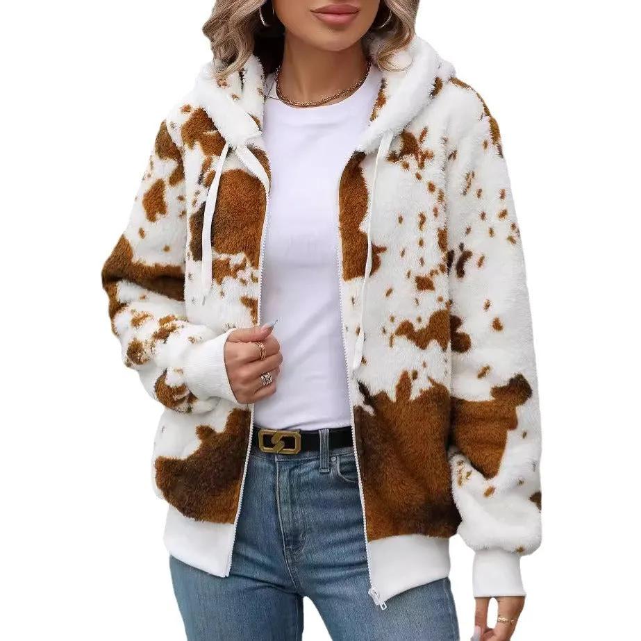 Hooded Zipper Plush Print Cardigan Jacket Wholesale Womens Clothing N3824073100102