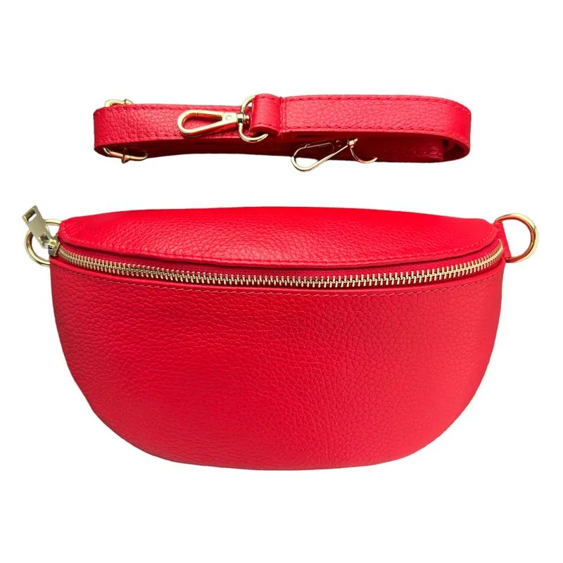 Italian Leather Crescent Bag in Berry Red