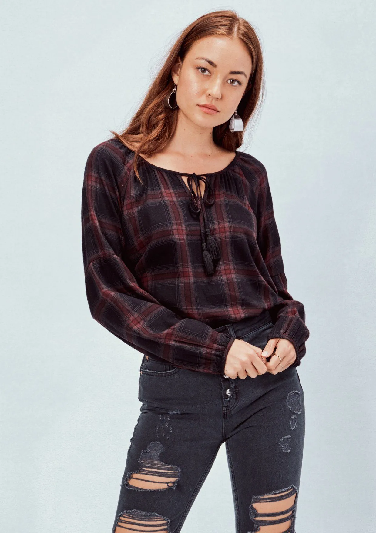 Jennifer Plaid Peasant Top