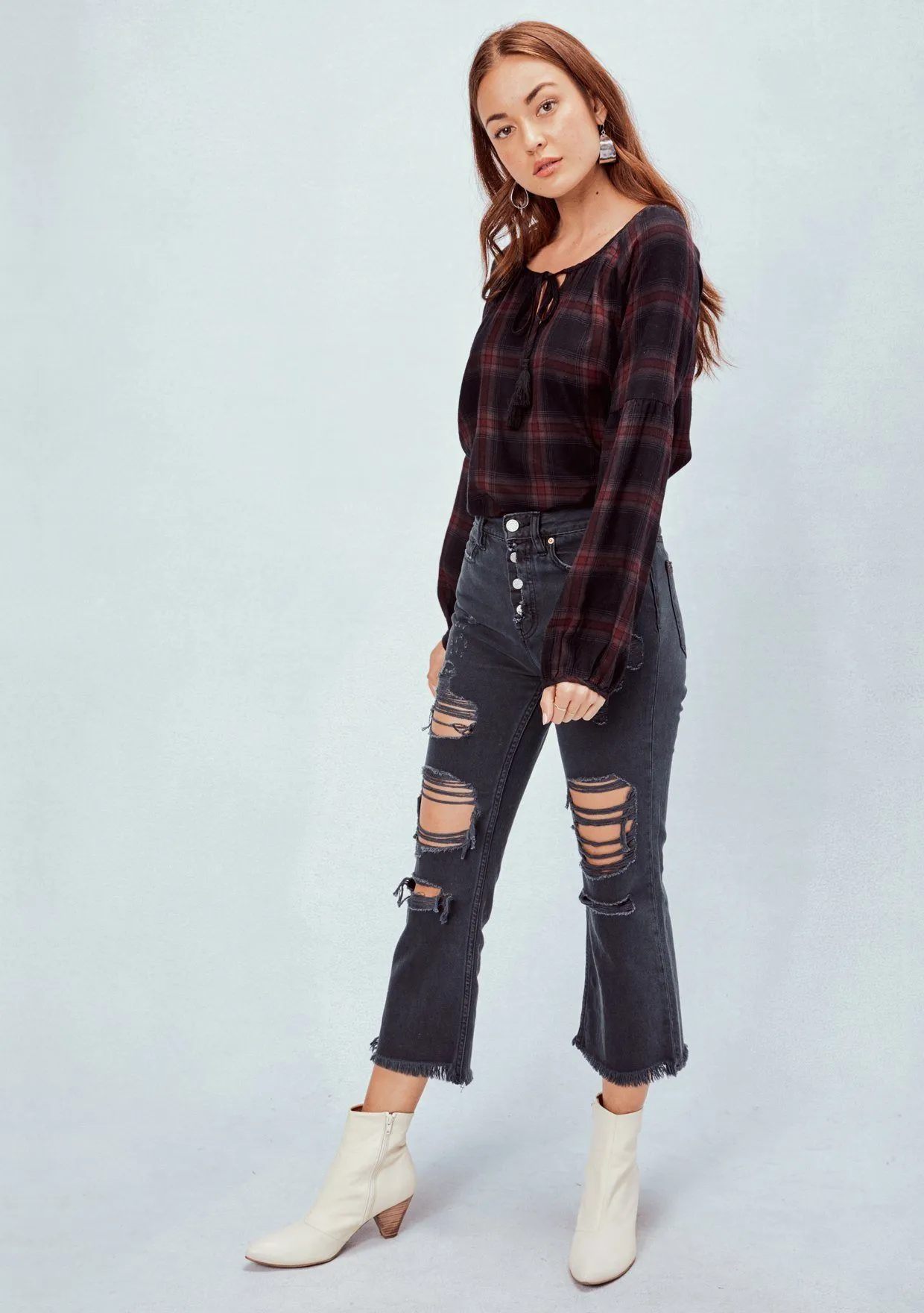 Jennifer Plaid Peasant Top