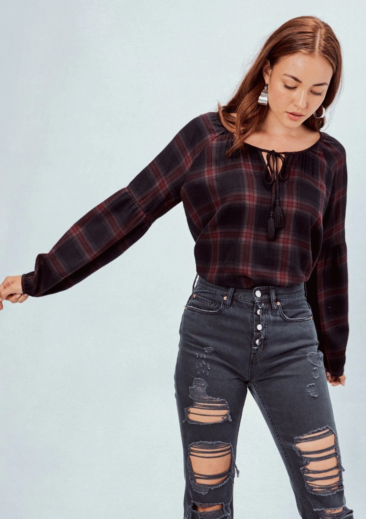 Jennifer Plaid Peasant Top