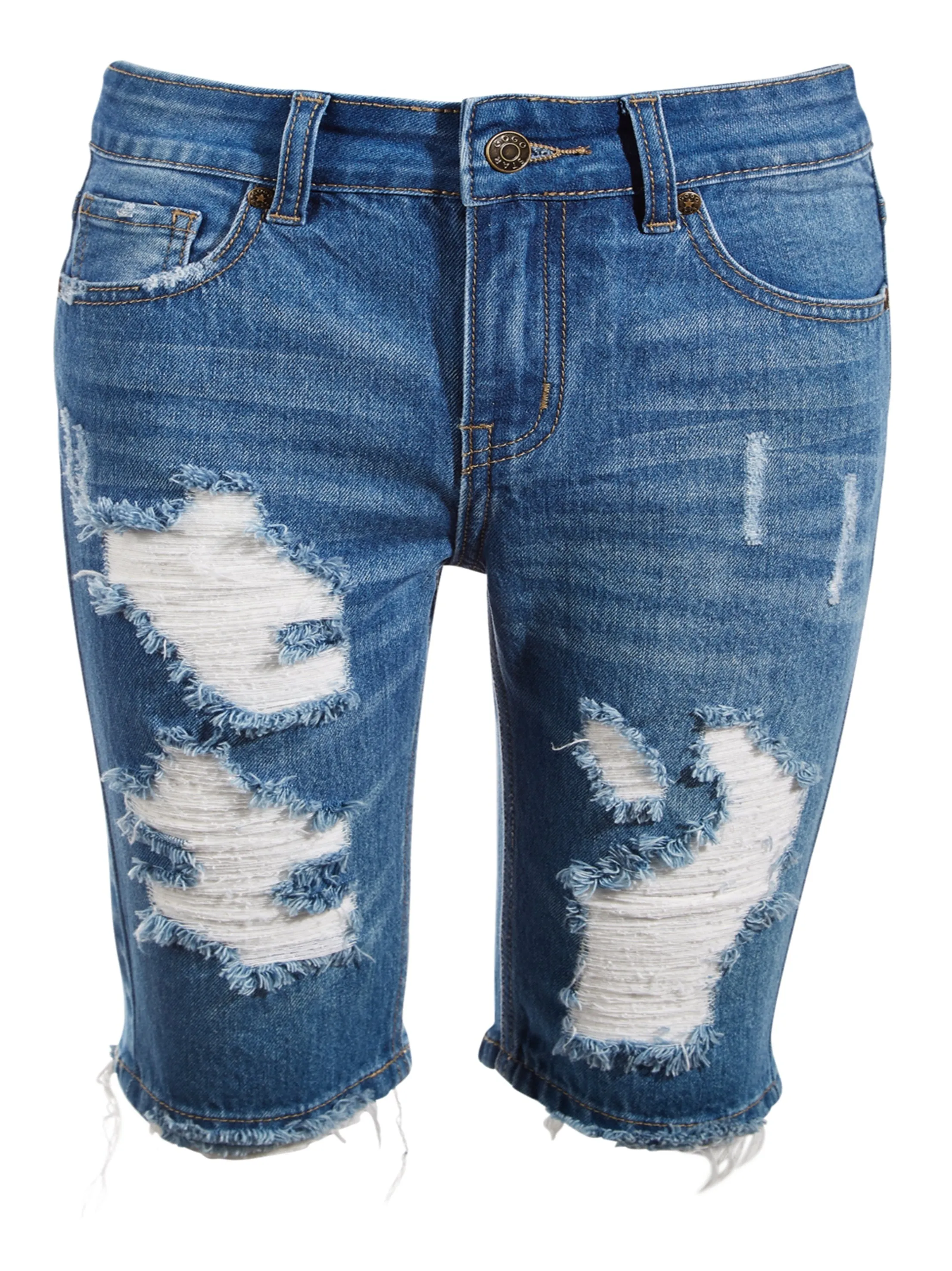 Kids Girl Ripped Washed Denim Short,Dark Blue