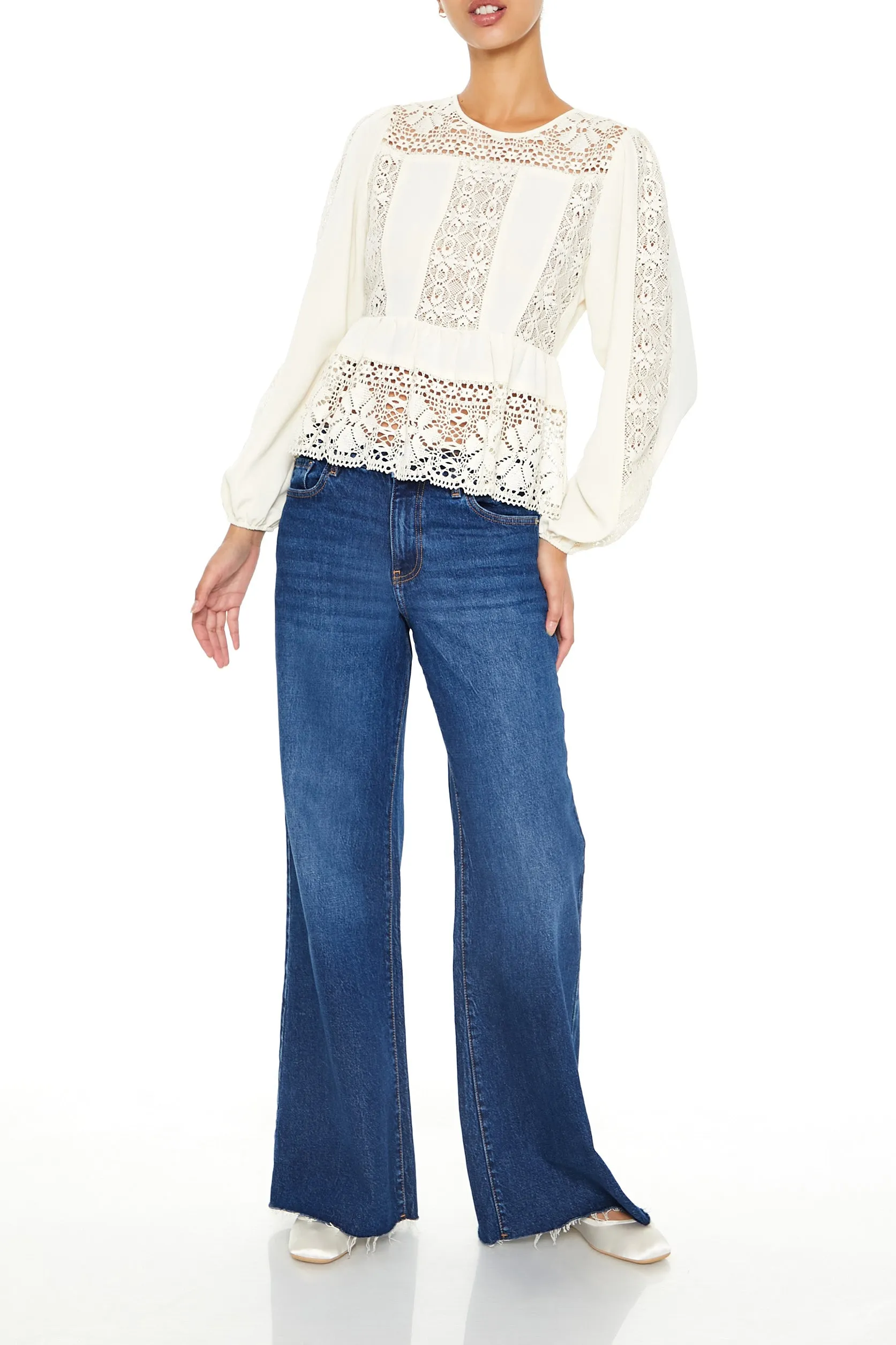 Lace Flounce Peasant-Sleeve Top