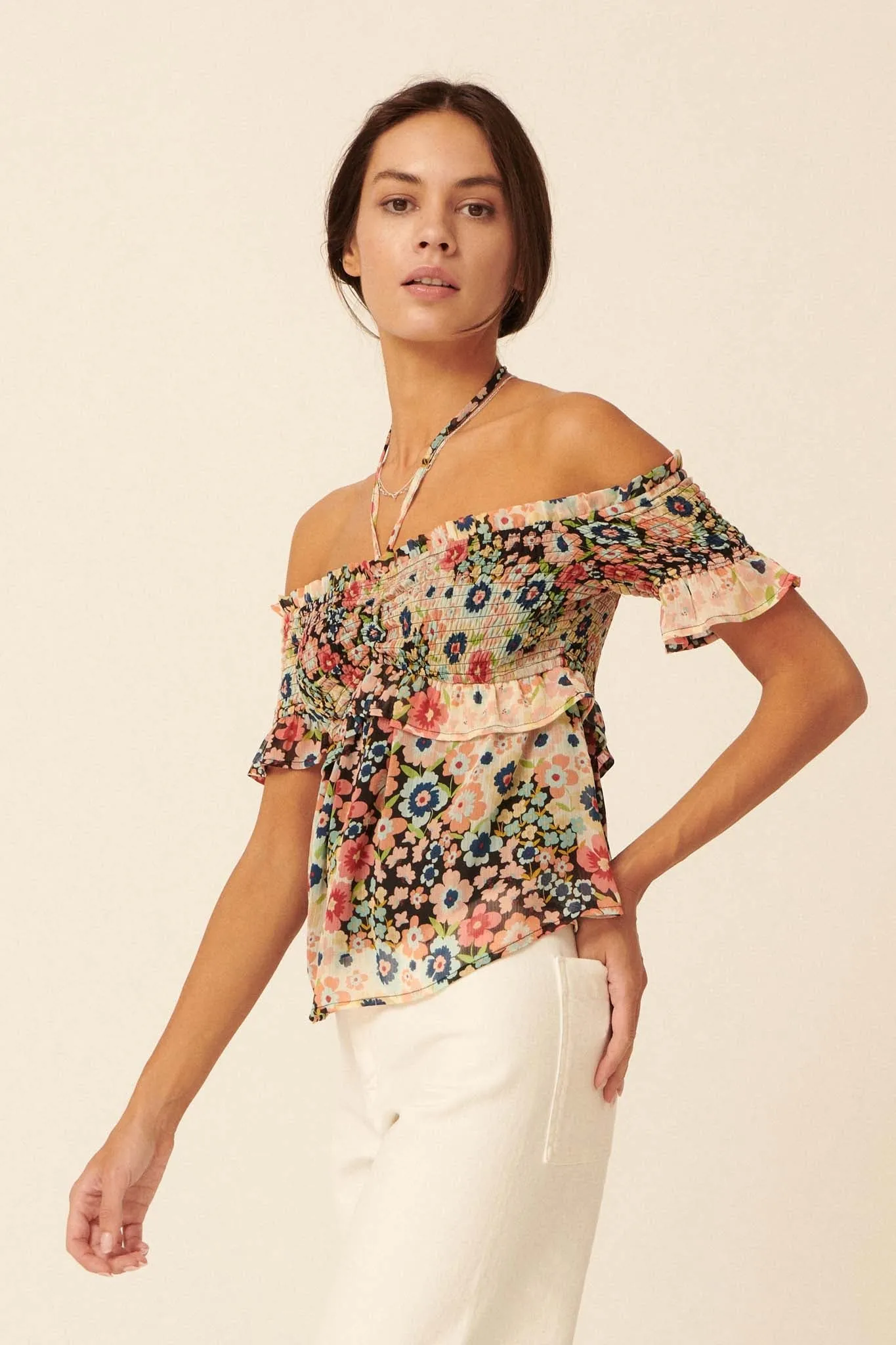 Let It Grow Smocked Floral Off-Shoulder Top