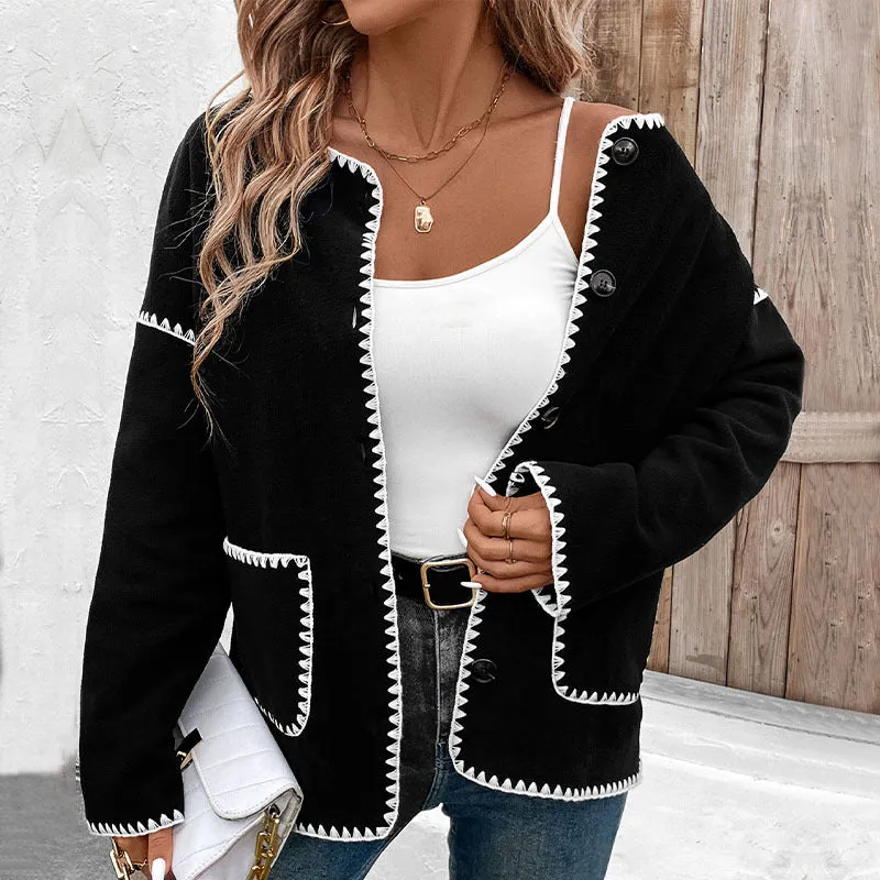 Loose Colorblocked Polar Fleece Cardigan Jackets Wholesale Womens Clothing N3824080900007