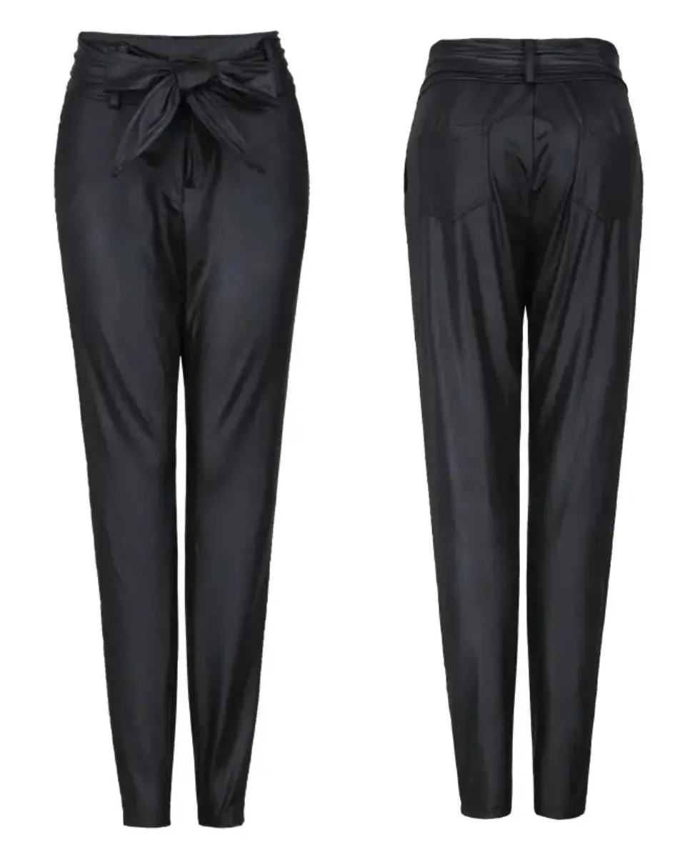 Luexco High Waist PU Leather Pant Belted Sash Sexy Skinny Pencil Trousers