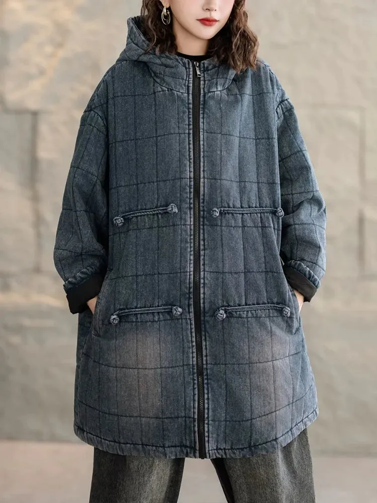 Max LuLu Winter Chinese Womens Plaid Denim Padded Jeacket Vintage Warm Classic Loose Parkas Hooded Casual Thicken Big Size Coats