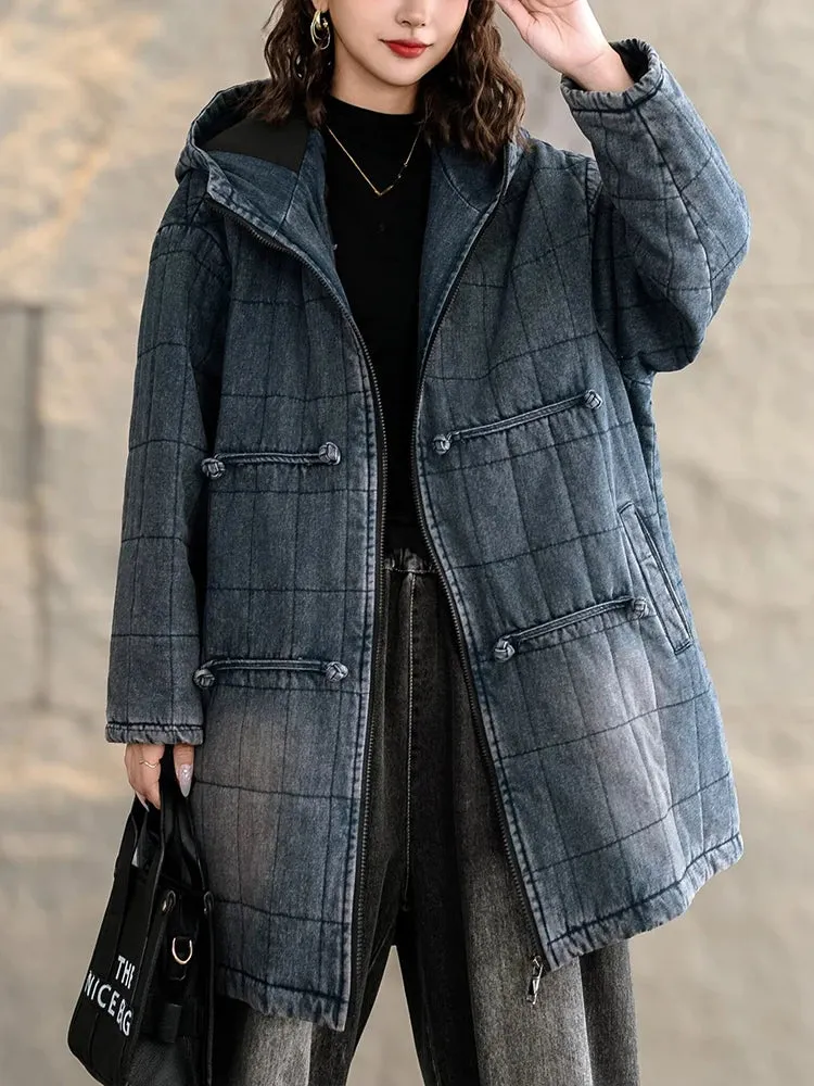 Max LuLu Winter Chinese Womens Plaid Denim Padded Jeacket Vintage Warm Classic Loose Parkas Hooded Casual Thicken Big Size Coats