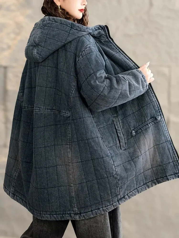 Max LuLu Winter Chinese Womens Plaid Denim Padded Jeacket Vintage Warm Classic Loose Parkas Hooded Casual Thicken Big Size Coats