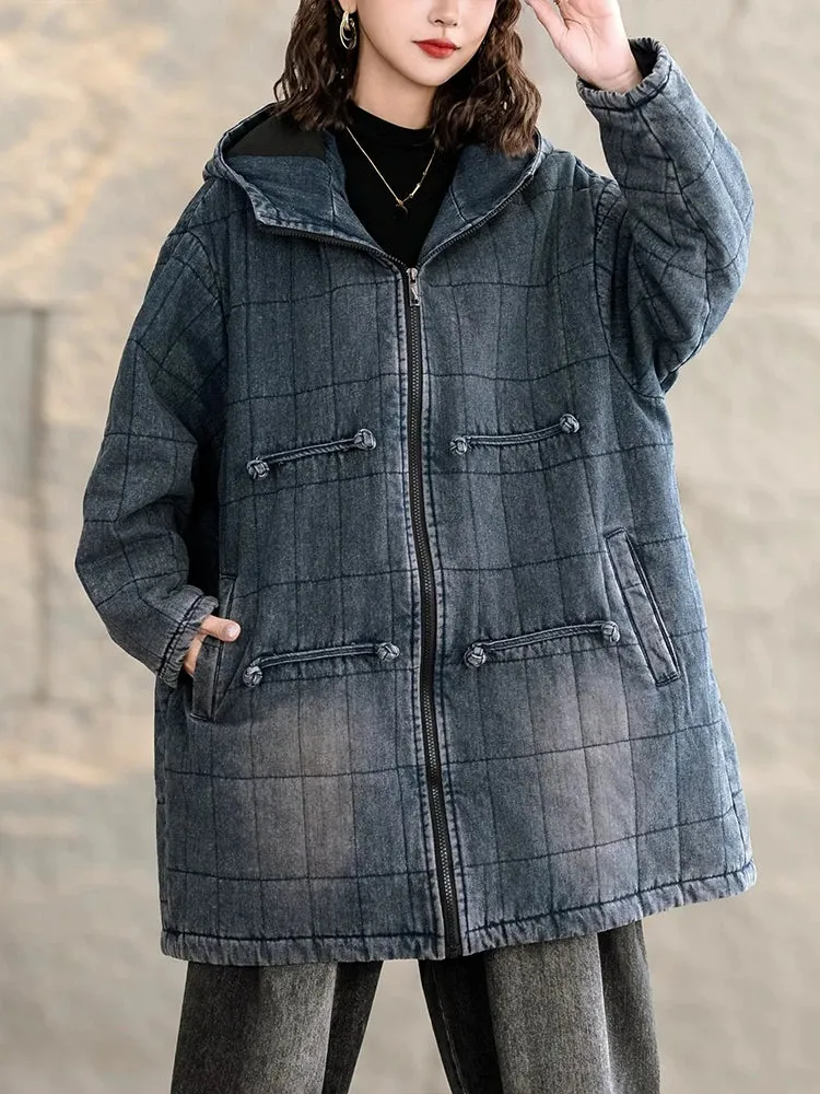 Max LuLu Winter Chinese Womens Plaid Denim Padded Jeacket Vintage Warm Classic Loose Parkas Hooded Casual Thicken Big Size Coats