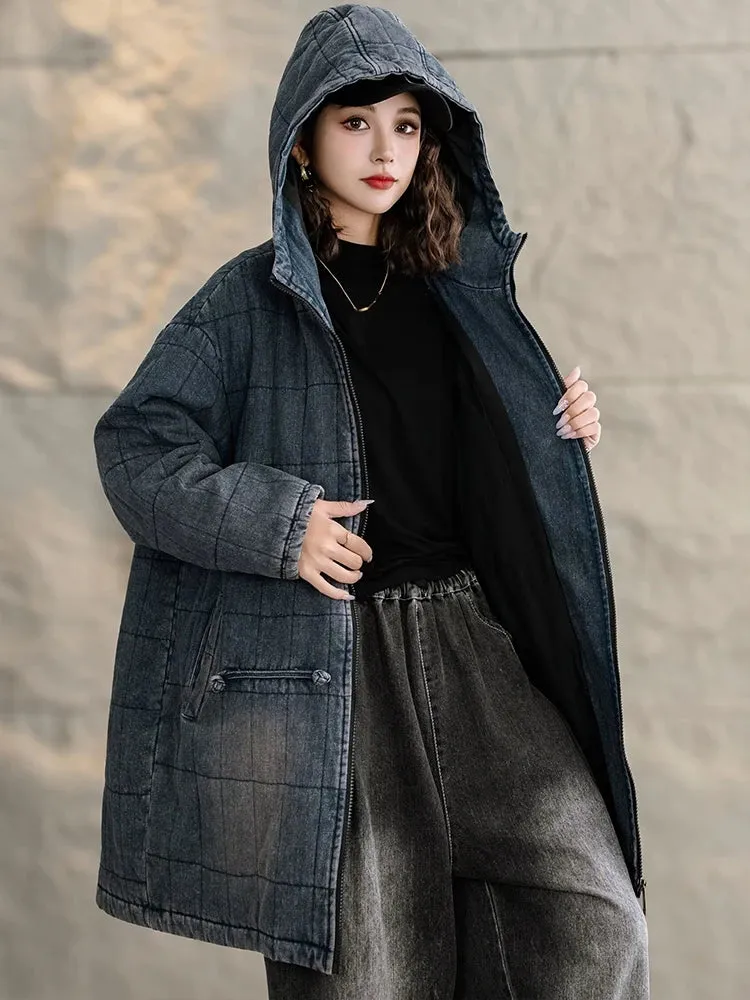 Max LuLu Winter Chinese Womens Plaid Denim Padded Jeacket Vintage Warm Classic Loose Parkas Hooded Casual Thicken Big Size Coats