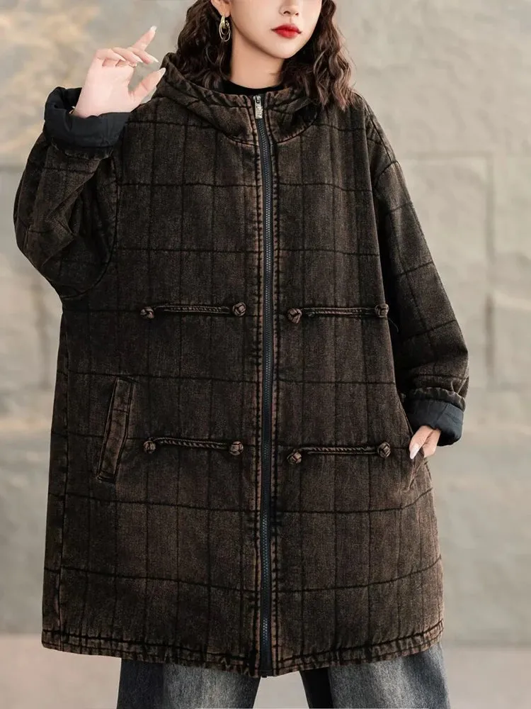 Max LuLu Winter Chinese Womens Plaid Denim Padded Jeacket Vintage Warm Classic Loose Parkas Hooded Casual Thicken Big Size Coats