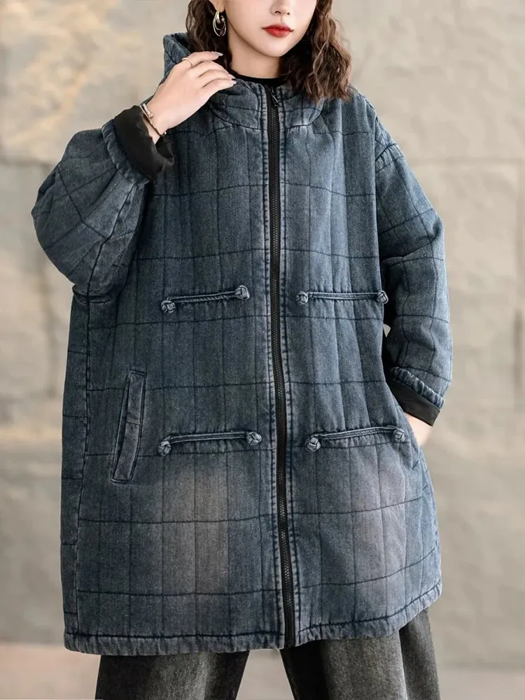 Max LuLu Winter Chinese Womens Plaid Denim Padded Jeacket Vintage Warm Classic Loose Parkas Hooded Casual Thicken Big Size Coats