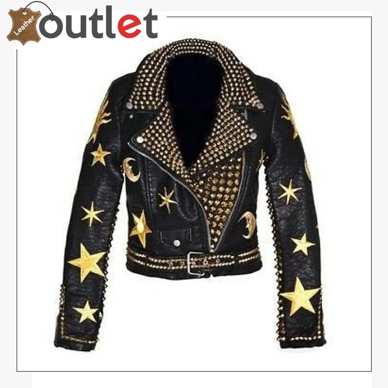 Men Biker Zipper Golden Studded Leather Jacket