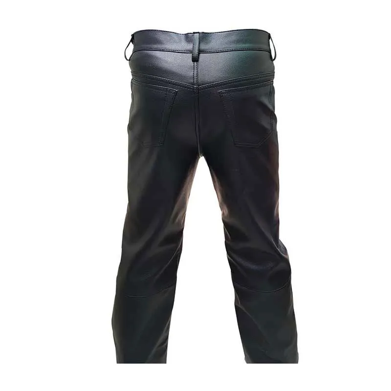 Mens Biker Style Jeans Black Leather Sleek 501 Style Pants Trouser - 501BLK