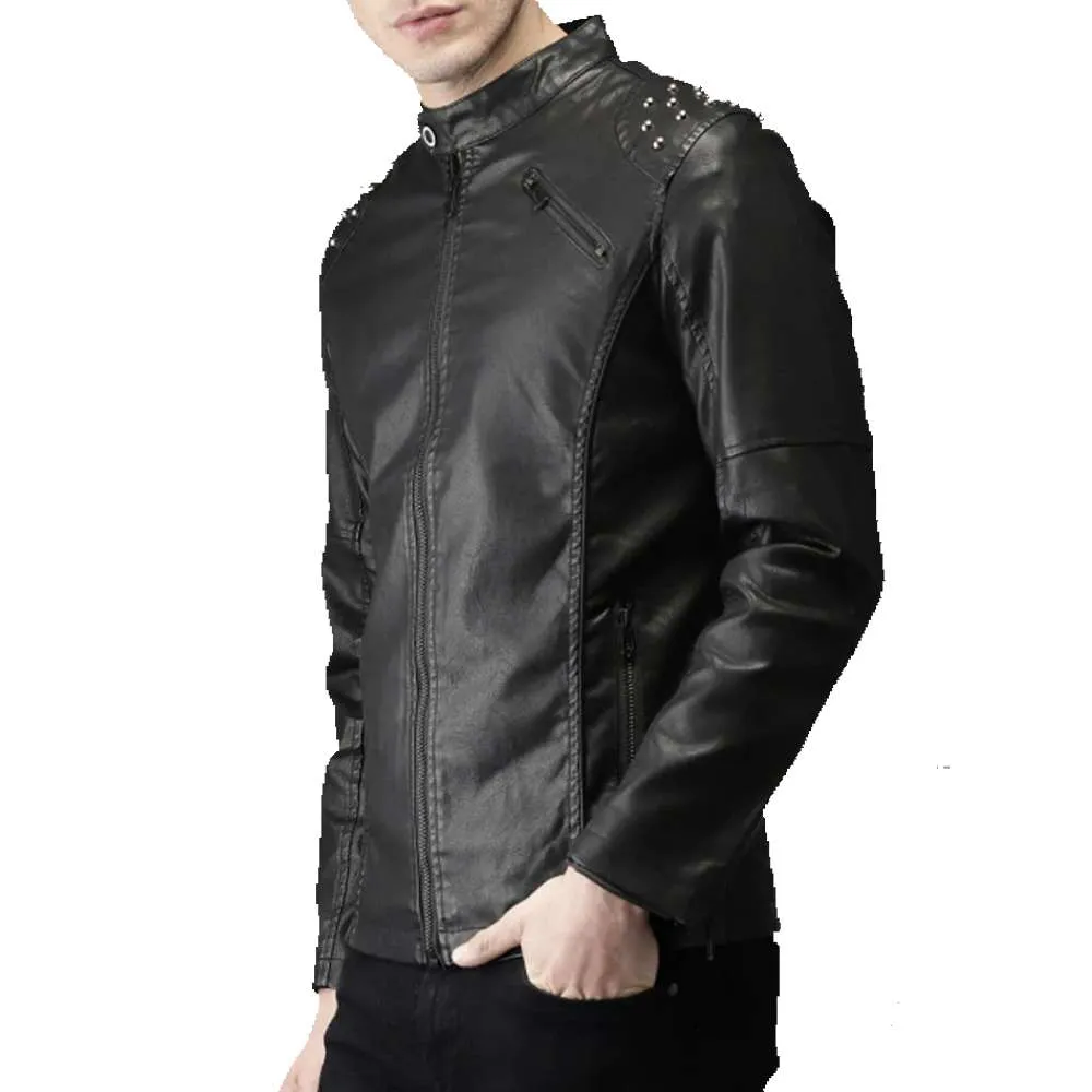 Men's Black Biker Tab Collar Real Leather Jacket Studded