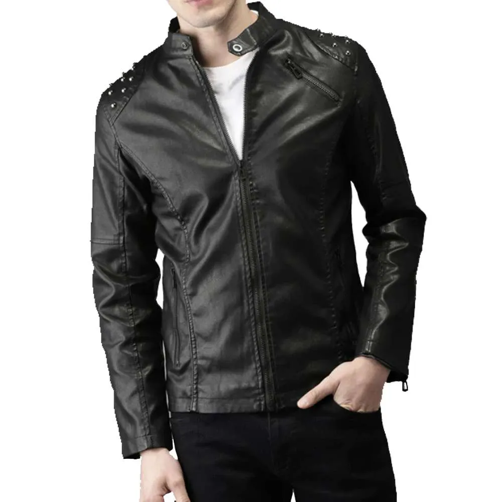 Men's Black Biker Tab Collar Real Leather Jacket Studded